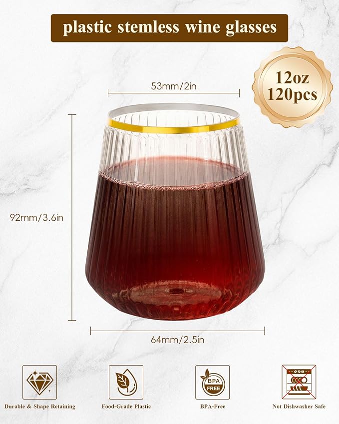 Goodluck 120 Pack 12oz Stemless Ribbed Plastic Wine Glasses Gold Rim | Clear Cups Fancy Reusable Disposable Drinkware for Weddings, Parties, Bars, Indoor and Outdoor Events