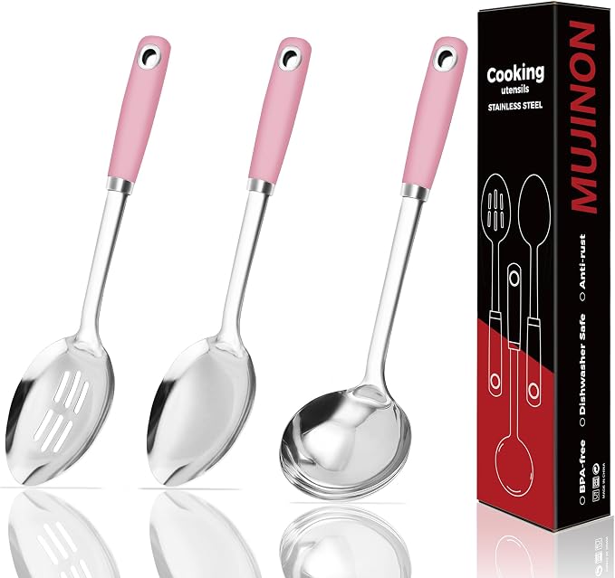 14-in Pink Cooking Spoons Set, Heavy Duty 18/0 Stainless Steel Large Serving Spoons Set, Slotted Spoon, Cooking Spoon & Soup Ladle, Commercial and Residential Use, Pack of 3
