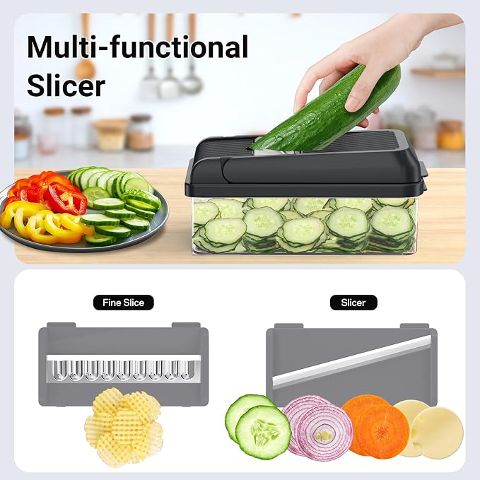 15-in-1 Vegetable Chopper with 10 Blades, Food Veggie Cutter, Gray | Includes Egg Separator, Food Container and Finger Guard, Non-slip Base, for Chopping, Slicing, Shredding, and Mincing