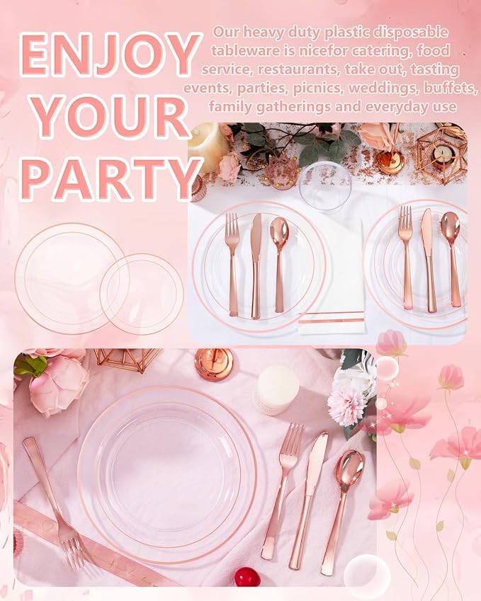 GATHER 700PCS Clear Rose Gold Plastic Plates 100 Guest for Wedding Party | Clear Rose Gold Disposable Dinnerware Set includes 200 Plates, 300 Silverware, 100 Napkins, 100 Cups for Baby Shower Birthday
