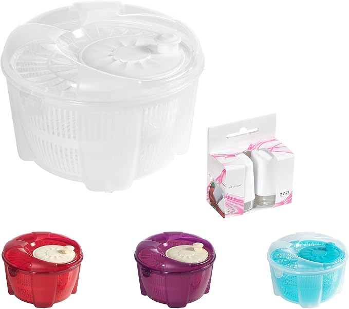Salad Spinner, Salad Tosser and Mixer, 5,5 Quart, Vegetable Spinner -EXTRA Salt&Pepper Shaker inc. (White)