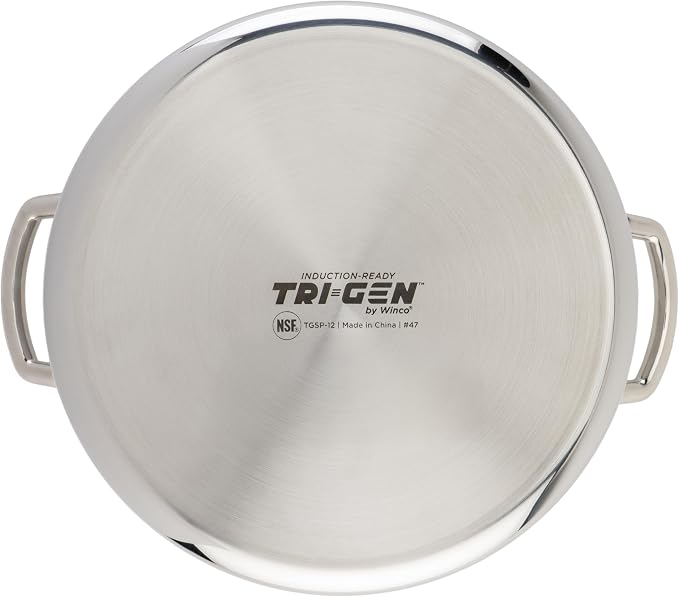 WINCO Tri-Ply Stock Pot, 12-quart, Silver | Dishwasher safe, Heavy-duty, Triple-riveted handles, Dripless pouring, Induction compatible, Great for Stocks and Soups