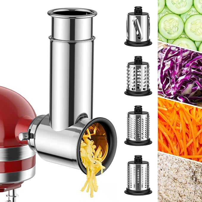 GVODE Stainless Steel Slicer Shredder Attachment for KitchenAid Mixer | Cheese Grater Attachment for KitchenAid Stand Mixer, Grinding Powder, Salad Maker with 4 Blades