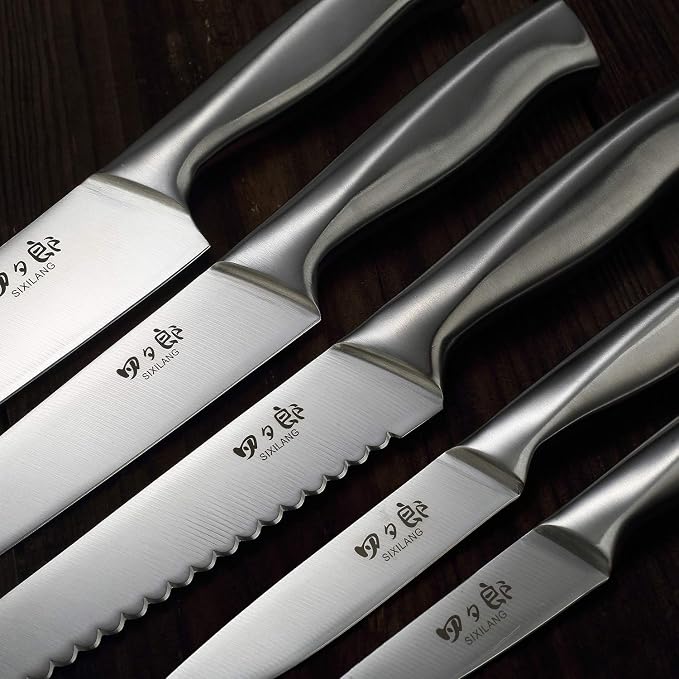Knife Set, 8 Piece German Stainless Steel Hollow Handle Manual Knife Sharpener Forged Kitchen Knives Set with Oak Wooden Block Gift