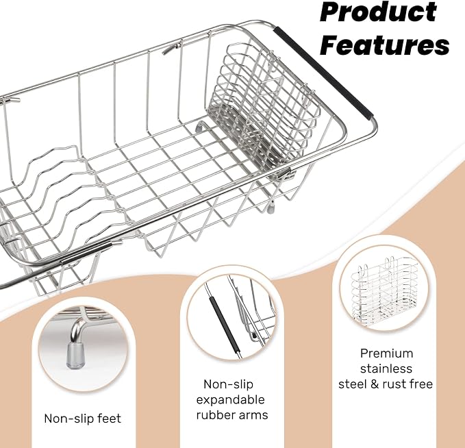 Sink Dish Drainer Rack, Expandable Stainless Steel Dish Drying Rack | 304 Stainless Steel Sink Rack with Utensil Holder, Adjustable 14.96"-20.59", Fits Inside Sink, Holds Up to 7 Upright Utensils
