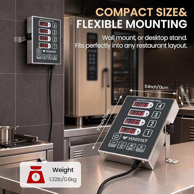 Precision Kitchen Timers for Cooking – 4 Channel Commercial Kitchen Timer Restaurant Kitchen Supplies – Stainless Steel Digital LED Chef Cooking Timer – Reminder Function, Loud Alarm, Grey