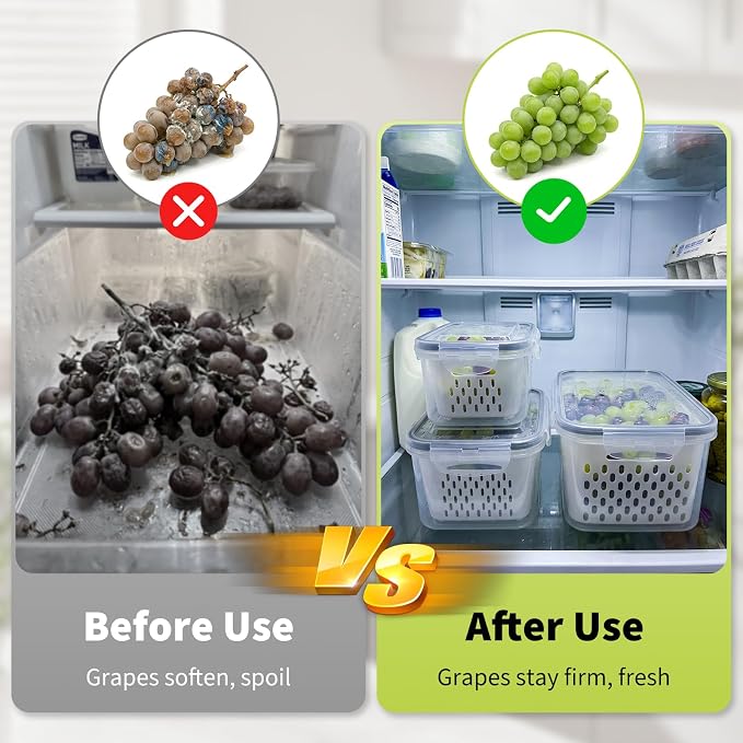 Fruit Storage Containers for Fridge, Grape Organizers with Removable Colander, 3-Pack No-Leak Design, Durable and Easy to Clean, Keeps Grapes Fresh, Perfect for Fridge Storage and Organization