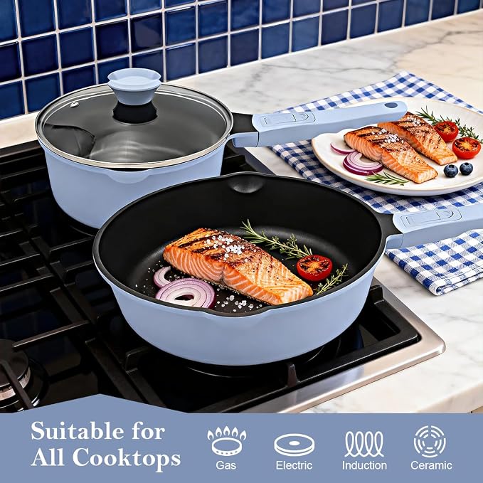 12 Inch Nonstick Deep Frying Pan Skillet with Lid,5 Qt Large Saute Pan,Blue | Detachable Handle, Suitable for All Stoves, Including Induction, PTFE & PFAS & PFOA Free, Oven Safe