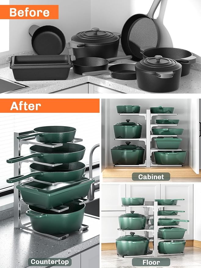 MUDEELA 8-Tier Heavy Duty Pots and Pans Organizer, 15.83" H Sliver | Adjustable pot rack, Holds frying pans and cast iron skillets, Heavy-duty steel. Fits under cabinet, Easy Assembly