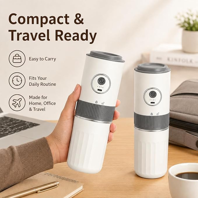 Portable Electric Coffee Grinder and Brewing Kit, White | Rechargeable, Conical Burr Mini Grinder, 32g Capacity, Includes Filter & Coffee Cup