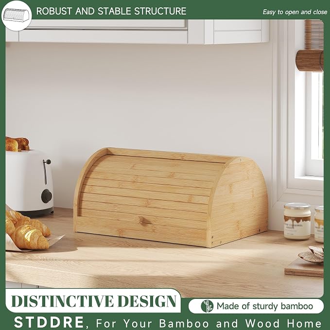 STDDRE Corner Bread Box for Kitchen Countertop Roll Top Bread Box Kitchen Food Storage Box for Homemade Bread Bread Holder for Kitchen Counter Pantry Shelf (Natural)