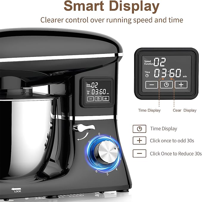Electric Stand Mixer with LED Display & Timer 6.5QT Bowl Stainless Steel, 1350W 6-Speeds Kitchen Stand Up Mixer for Baking Cakes Cookie Bread Salad Food with Egg Whisk, Dough Hook, Beater