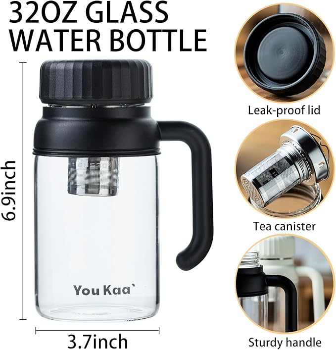 32oz Tea Infuser Bottle - Large Glass Water Bottle with Removable Infuser for Loose Leaf Tea & Fruit, Leakproof, Lead-free, Wide Mouth for Easy Cleaning - Handle for Hot & Cold Beverages (Black)