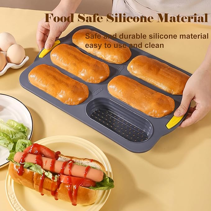 Silicone Bread Loaf Pan, Nonstick Baguette Bread Pan, 6-cavity | Food Grade Silicone Molds for Baking Hot Dog Buns Hoagie Rolls Sandwich, Sourdough Loaf Pan, Bread Pans for Homemade Bread