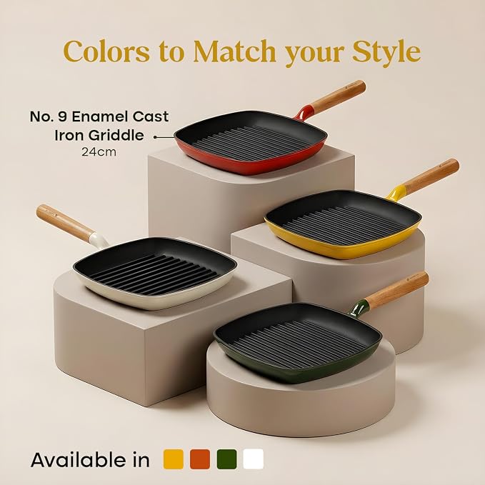 CUMIN CO. Enameled Cast Iron Grill Pan 10 Inch, 1.2 QT Grill Skillet – Non Toxic PFAS Free Cookware – 4 Layer Enamel Coated – Indoor Grill Pan for Steak, Chicken, Burgers & Vegetables (Mustard)
