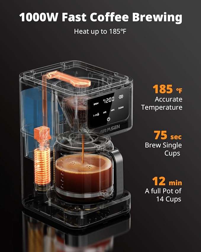 AIRMSEN 14-Cup Programmable Drip Coffee Maker | 1000W Fast Brew, 24H Timer, 2-Hour Keep Warm, 4/6/8/10/14-Cup Selection, 73oz Tank & Glass Carafe for Home Office