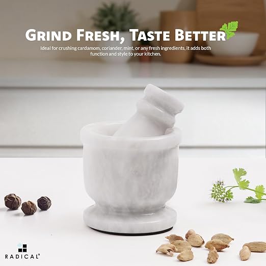 Radicaln Marble Mortar and Pestle Set Small Spice Grinder & Herb Grinder | Handmade White Marble, 2.5 Inches, Garlic Crusher, Pill Crusher, Kitchen Counter Decor, Gift Ready