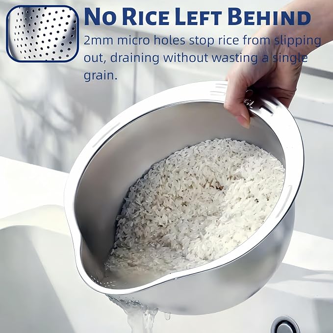 DOPMEP Rice Washer Strainer Bowl Stainless Steel Colander with Side Drainer | Ideal for Soaking, Washing, Cleaning, and Rinsing Rice, Fruits, Vegetables & Beans, Versatile Kitchen Tool