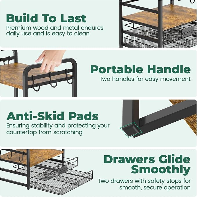 EsLuker.ly Coffee Bar Organizer Station Shelf Mug Holder for Countertop | 4 Tier Mug Holder Stand with 12 Hooks, K Cup Pod Drawer for Home Office, Keeps Essentials Tidy & Accessible