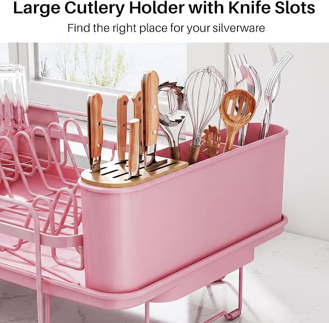 SNTD Large Dish Drying Rack for Kitchen Counter, Expandable, Pink | Stainless Steel Dish Drainer, Adjustable Length 18.9''-29.3'', Automatic Drainage, 360° Spout, Cutlery Holder with Knife Slot