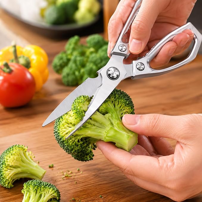 Kitchen Scissors Heavy Duty, Multi-Purpose Kitchen Shears, Dishwasher Safe Food Scissors for Chicken, Poultry, Fish, Meat & Herbs, Stainless Steel Kitchen Shears with Non-Slip Grip - Silver