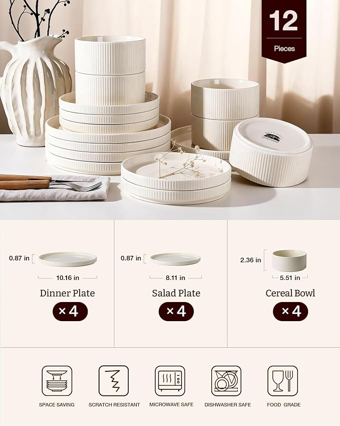 Line Porcelain Dinnerware Set, dish set for 4, Creamy White | Premium dinnerware set, chip-resistant & durable. Safe for dishwasher, microwave, oven. For daily meals to festive feasts
