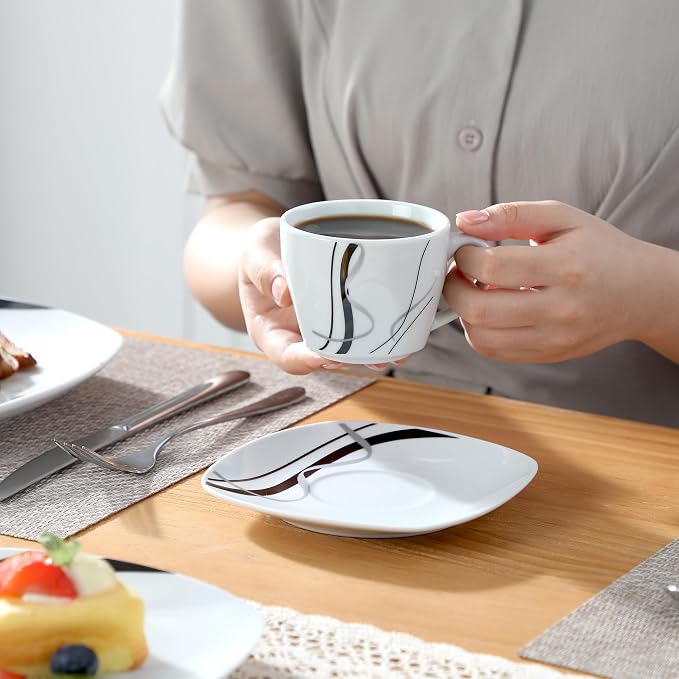 VEWEET Ceramic Dinnerware Sets for 6, White and Black Dishes Set, FIONA | Porcelain Dinner Set Including Dessert Plates, Soup Plates, Dinner Plates, Cups & Saucers, Microwave & Dishwasher Safe