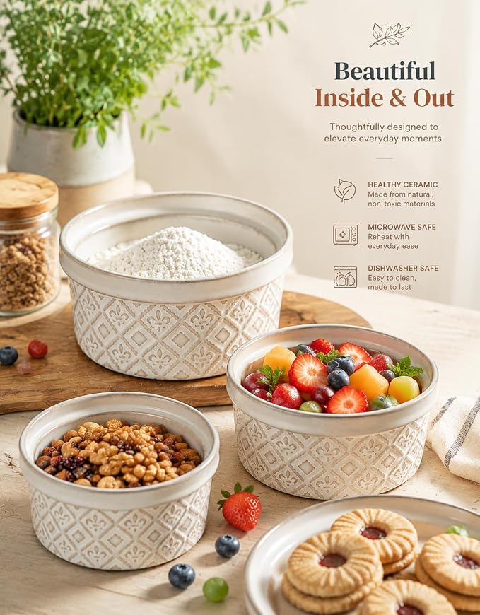 Airtight Food Storage Containers with Lids Mixing Bowls Set, Ceramic Serving Bowls with Lids Set of 4, 12/16/28/40 oz Stackable Nesting Salad Bowls for Cooking, Baking, Ramen - Beige
