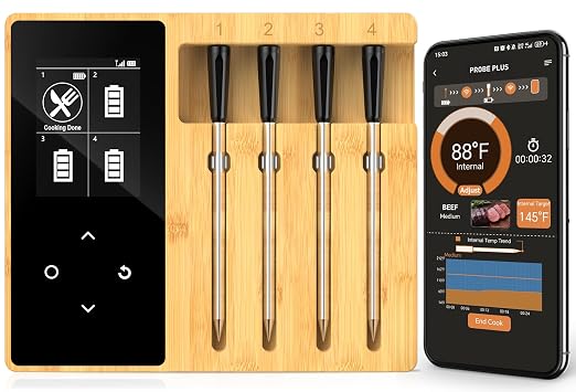 Accurate Smart Wireless Meat Thermometer - Real-time Alerts | 4 Probes Long Range Bluetooth Dishwasher Clean Waterproof Digital Cooking Thermometer for Grill BBQ Oven Smoker