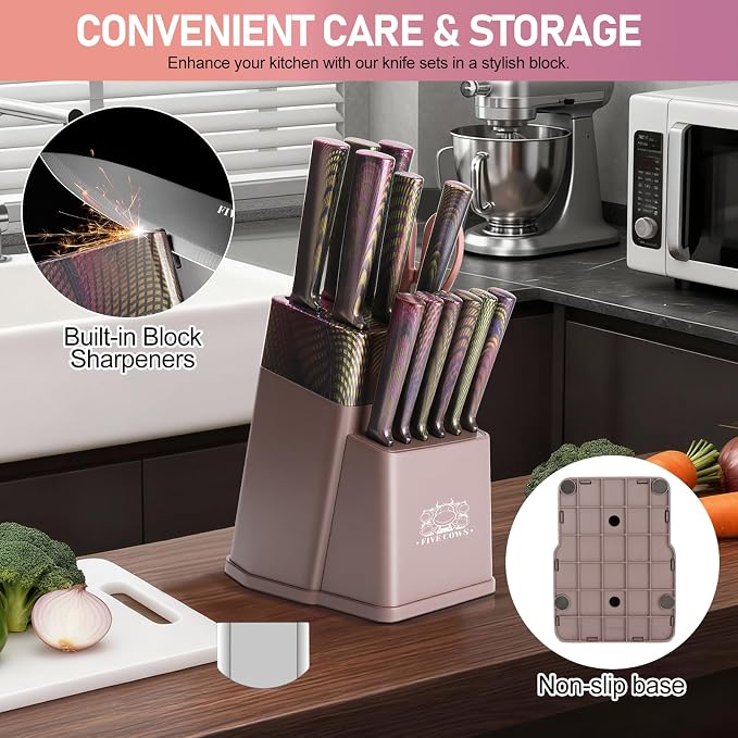 16-Piece Kitchen Knife Block Set with Cutting Board - German Stainless Steel Knives, Built-In Sharpener, Dishwasher Safe, Anti-Slip Handle - All-in-One Cutlery Set for Home/Kitchen (Pink)