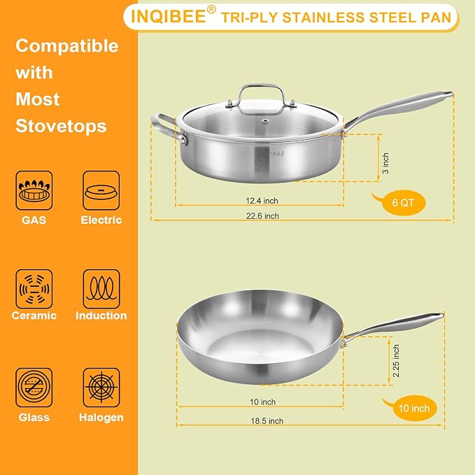 Inqibee 10" Skillet & 6 QT Saute Pan with Lid, Tri-ply Stainless Steel Set | Deep Frying Pan Cookware, Detachable Handle, PFOA & PFOS Free, Jumbo Cooker, Induction Cooking Pan, Dishwasher & Oven Safe