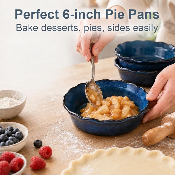 ONEMORE 6 Inch Ceramic Mini Pie Pans Set of 4, Deep Dish Pie Plates with Fluted Edges, Blue Gradient Small Baking Dishes for Pot Pies, Quiche, Tarts and Individual Desserts, Oven Safe