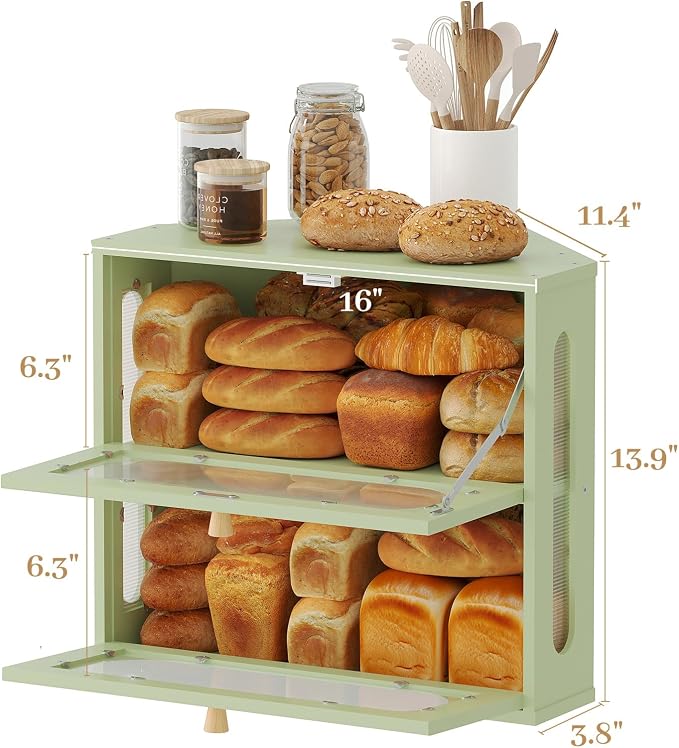 Corner Bread Box for Kitchen Countertop, 2026 New Double Layer Bamboo Bread Storage Bin, Large Bread Container for homemade bread (Green)