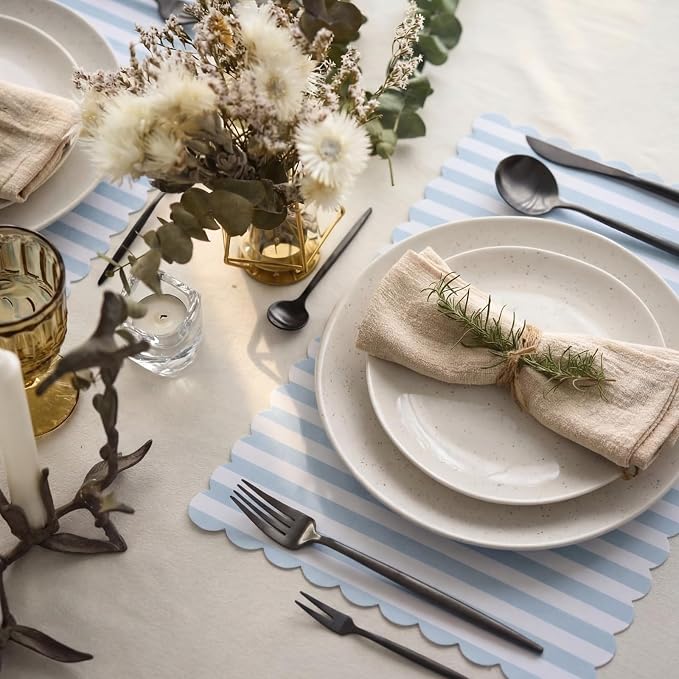 100 Pcs Blue Striped Paper Placemats Summer Coastal Scalloped Dusty Blue and White Placemats Disposable Square Striped Place Mats for Wedding Bridal Shower Beach Party Home Table Kitchen Decor