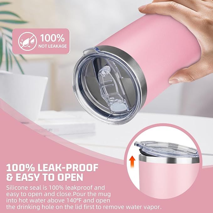 20 oz Tumbler with Lids and Straws, Stainless Steel Insulated Travel Coffee Mug, Double Wall Vacuum Insulated Tumblers, Powder Coated Coffee Tumbler for Cold & Hot Drinks (Pink)