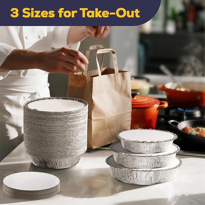 Fit Meal Prep 50 Pack 8” Round Aluminum Foil Pans with Lids, 8 inch Take Out Containers with Cardboard Covers for Freshness, Heavy Duty Disposable Baking Pie Pan for Cooking, Freezer & Oven Safe