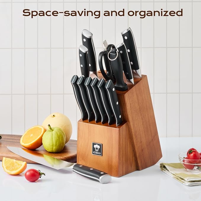14 PCS Knife Set with Oak Wood Block,High Carbon Stainless Steel Kitchen Knife Set with Chef Knife, Santoku, Bread, Paring,Steak Knives, Kitchen Shears Sharp Knife Block Set with Sharpener