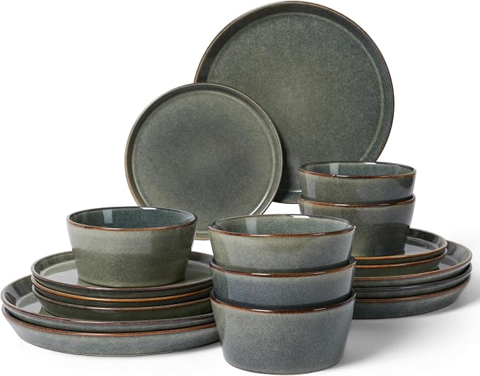 Dinnerware Sets, Microwave Safe Plates and Bowls Sets, Dishes Set for 6, Chip & Scratch Resistant Dinner Set, Hand Glazed Farmhouse Dishware Sets, Green Wheat