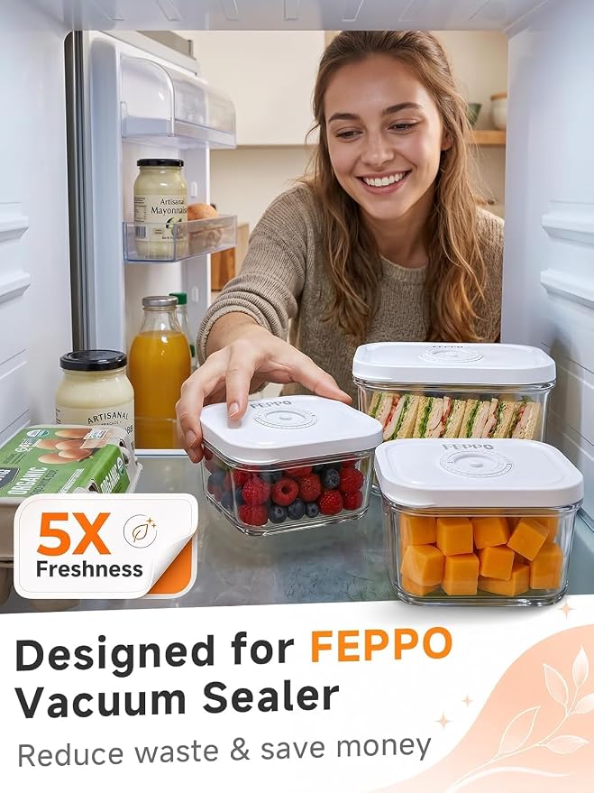 FEPPO Vacuum Sealers Containers for Food Storage, 3 Pcs Set [1* Small, 1* Medium, 1* Large] Works with Handheld Compact Vacuum Sealer Machine for Fridge, Freezer & Pantry, BPA-Free, Date Tracking Lid