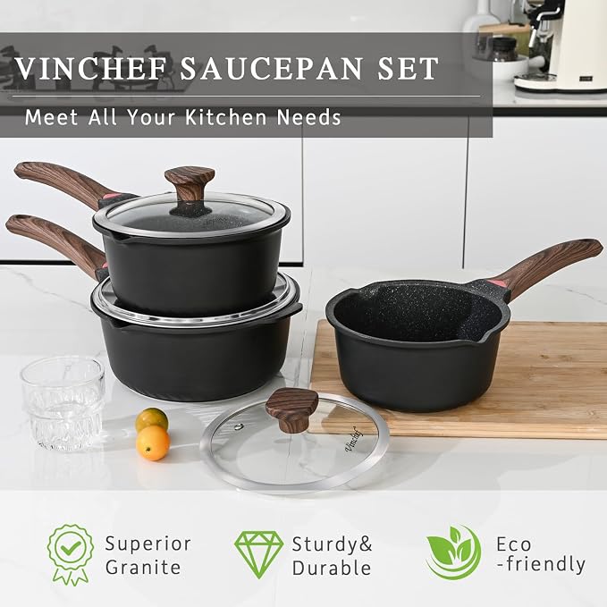 Vinchef 3QT Nonstick Saucepan with Lid, Black | PFAS/PFOA-free nonstick, stay-cool handle, dishwasher-safe, induction-compatible, scratch-resistant surface for daily cooking