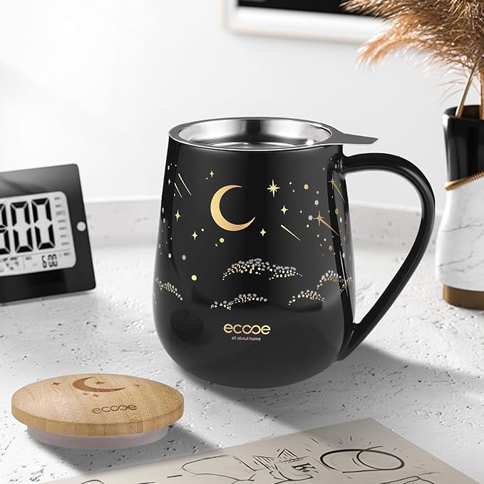 ecooe Tea Infuser Mug 20.3oz Ceramic Tea Cup with Removable Stainless Steel Infuser and Lid, 600ml Tea Mug for Loose Leaf Tea Coffee Milk, Gifts for Women Parents Friends Office Home (Black) | 600ML Large Capacity, with Stainless Steel Infuser/Lid, for...