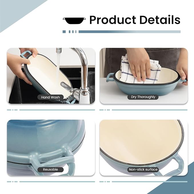 Enameled Cast Iron Dutch Oven for Sourdough Bread Baking,11 x 7 Inch Oval Cast Iron Bread Pan with Lid,Dutch Oven for Homemade Sourdough Baking,5 QT Meatloaf Pan,Oven Safe(Ocean Blue)