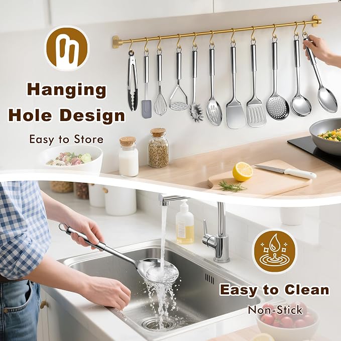 12 Pcs Stainless Steel Cooking Utensils Set, Metal Kitchen Tools Include Utensil Holder, Solid & Slotted Spatula, Spoon, Ladle, Pasta Server, Potato Maseher, Egg Whisk,Cooking Tong, Flexible Spatula