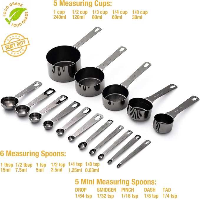 16 Pcs Stainless Steel Measuring Cups & Spoons Set, Black | Heavy Duty Metal, 5 Cups, 6 Tbsp Tsp Spoons, 5 Mini Spoons, For Kitchen Cooking Baking