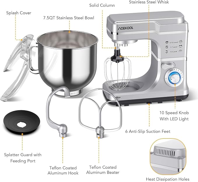 GarveeLife 7.5QT Stand Mixer, 10-Speed Tilt-Head Electric Food Mixer with Stainless Steel Bowl, 660W Motor, Dough Hook, Whisk & Beater, Compact Design for Home Baking,Silver