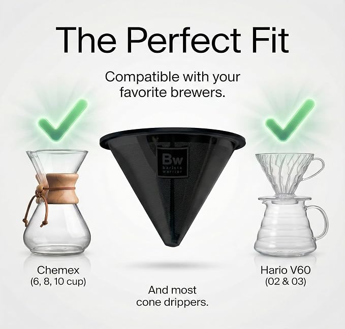 Barista Warrior Reusable Coffee Filter - Stainless Steel Pour Over Dripper, Compatible for Chemex, Hario V60 & Drippers, Easy to Clean Flavorful Brew Fine Mesh Coffee Filter - Black Titanium