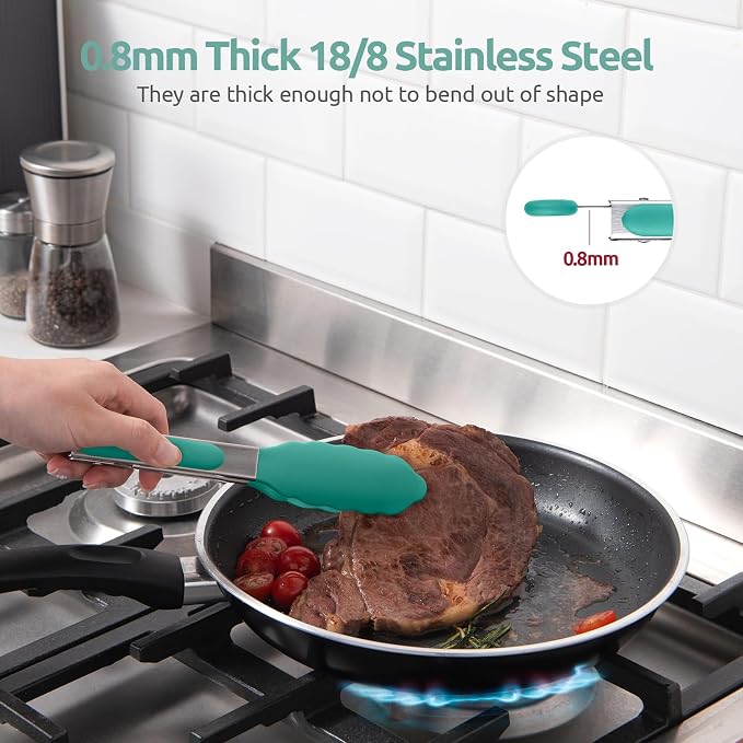 U-Taste Kitchen Tong for Cooking, 600ºF Heat-Resistant Tps, 7in/Aqua Sky | Small Mini Silicon Tongs for Serving Food, Short Salad Thong with Non Stick Rubber Tips & 18/8 Stainless Steel Handle