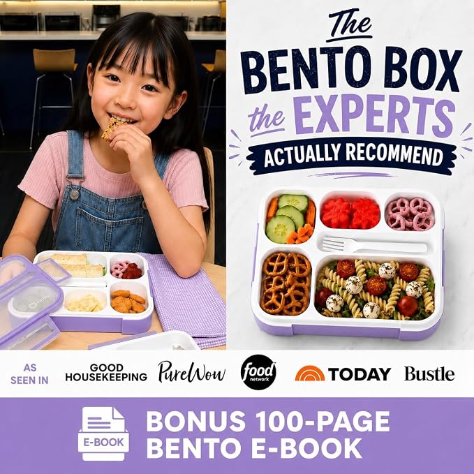 Bento Lunch-Box and Snack Container Set for Kids, 6 and 3 Compartment Boxes Leakproof School Bentos Meal Portion Control Containers BPA Free, Boys Girls Adults, Purple Lilac Large + MINI 2 Pack