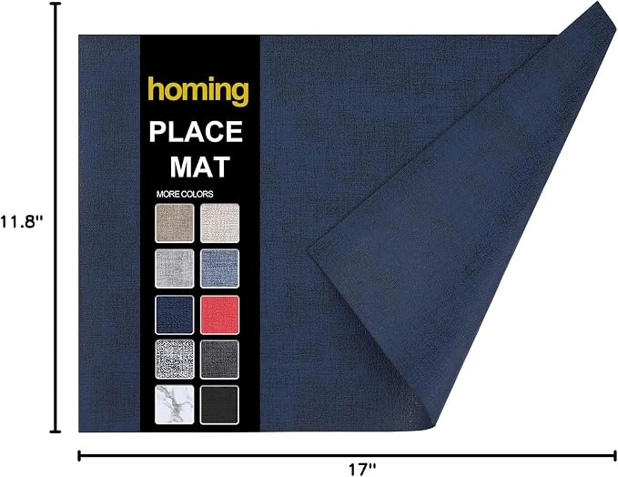 Faux Leather Heat Resistant Placemats 6 Packs, Waterproof Wipeable Dining PU Place Mats for Indoor & Outdoor, Easy to Clean, Dark Navy Blue