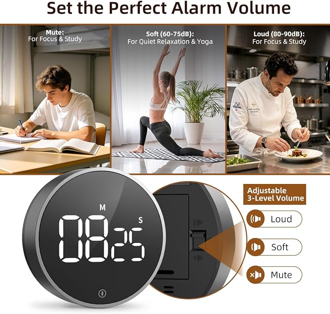 Digital Magnetic Kitchen Timer & Stopwatch with LED Display, Space Gray | Up to 99:55 Countdown & Count Up , Easy Twist Control, Adjustable Volume & Brightness, Magnetic Back, Battery Powered